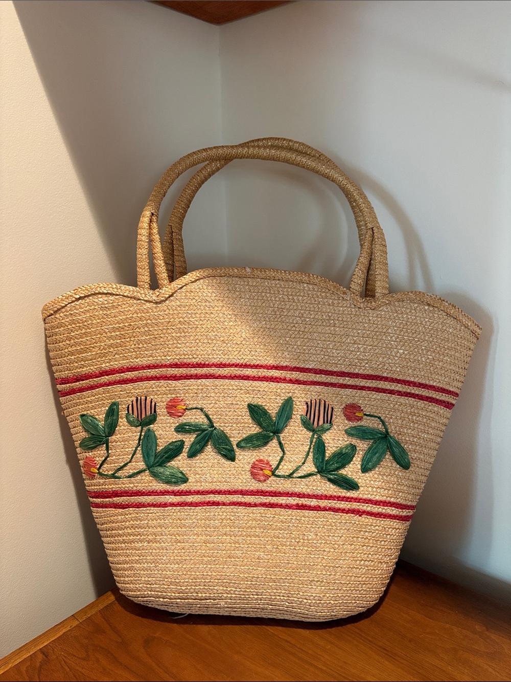 Hand Woven Straw Tote Bag with Green Floral Embroidery - Natural